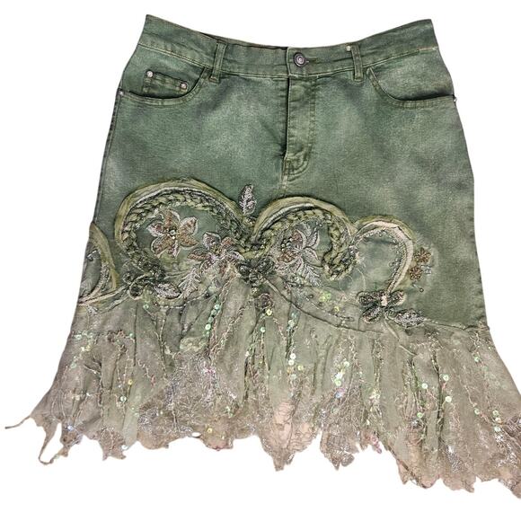 Urban Outfitters Dresses & Skirts - Vintage Urban Outfitters Olive Green Denim Skirt Y2K Fairy Boho Fringe 8/10